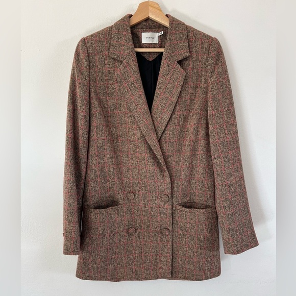 Gestuz Ditte Blazer Brown & Pink Plaid Double Breasted Oversized Blazer Size 34 - Picture 3 of 13